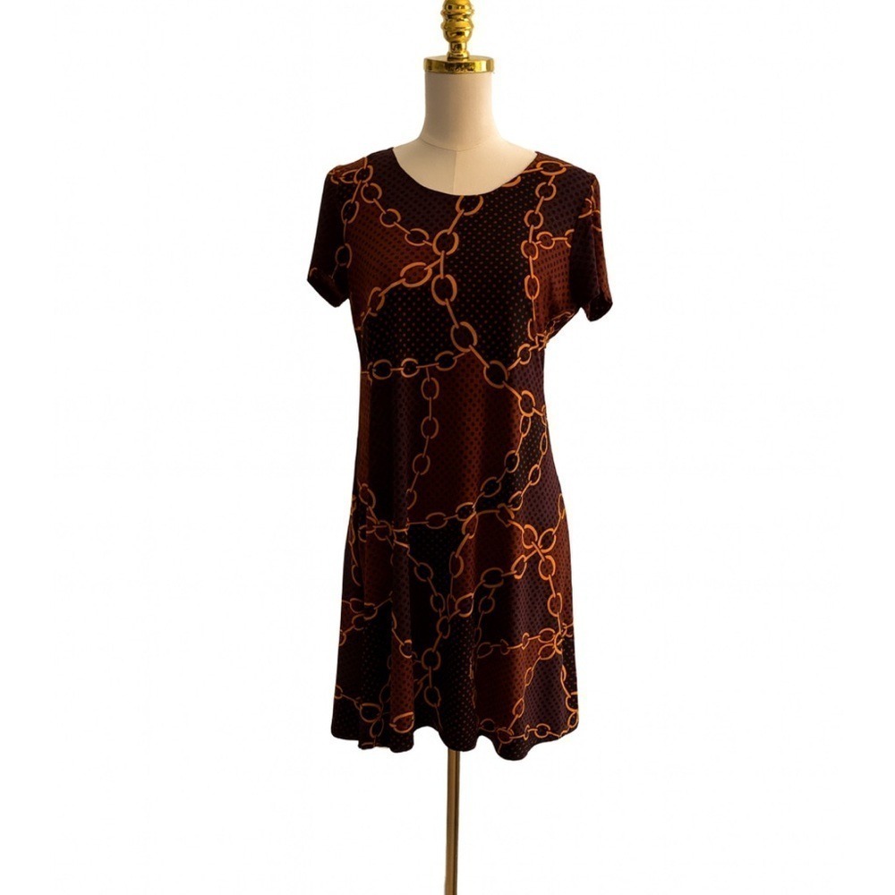 MSK Brown Gold Chain Print Dress Medium Mob Wife Baroque Dark Feminine Jerse